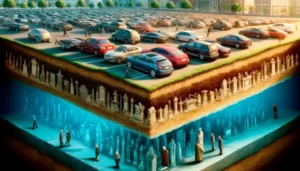 Das Bild zeigt einen Schnitt durch eine virtuelle Stadt. Oben sieht man einen Paarplatz mit Autos, darunter eine Schicht mit Gräbern aus der vergangenen Zeit und noch eine Etage tiefer einige symbolhafte geistige Wesen.