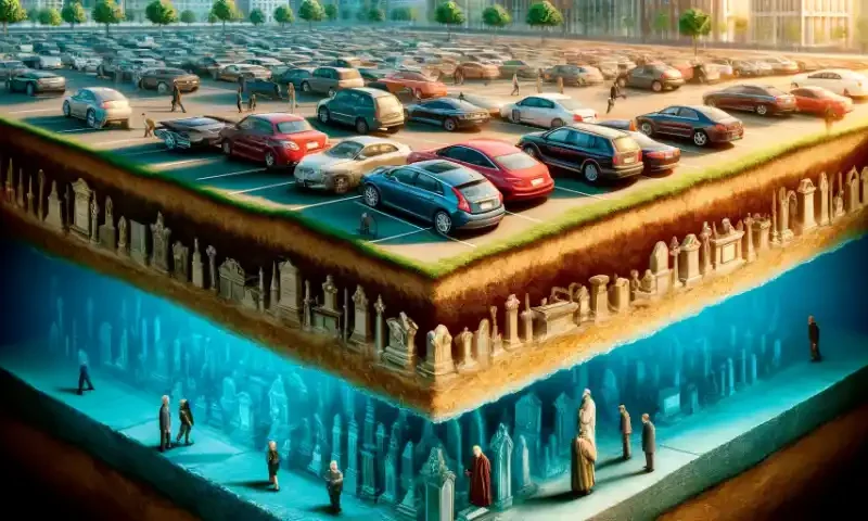 Das Bild zeigt einen Schnitt durch eine virtuelle Stadt. Oben sieht man einen Paarplatz mit Autos, darunter eine Schicht mit Gräbern aus der vergangenen Zeit und noch eine Etage tiefer einige symbolhafte geistige Wesen.