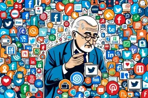 Eine grafische Darstellung fast wie im Comic-Stil. Ein alter Mann ist umringt von hundert Symbolen sozialer Netzwerke