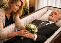 Junge Frau bringt Blumenschmuck zum Sarg ihres Vaters