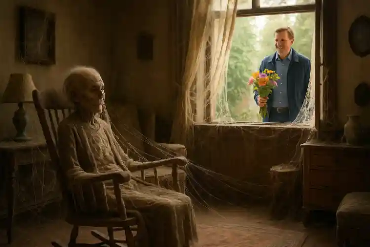 Ein Herr steht mit einem Blumenstraß vor einem Haus, dessen Bewohnerin längst tot auf einem Stuhl sitzt