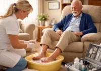 Ein älterer Herr nimmt ein Fußbad