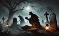Grabräuber räumen auf einem nächtlichen Friedhof ein Grab leer