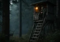 Ein älterer Jäger sitzt auf einem Hochstand