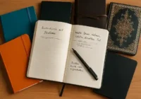 Einige Notizbücher auf einem Tisch, eins davon aufgeschlagen
