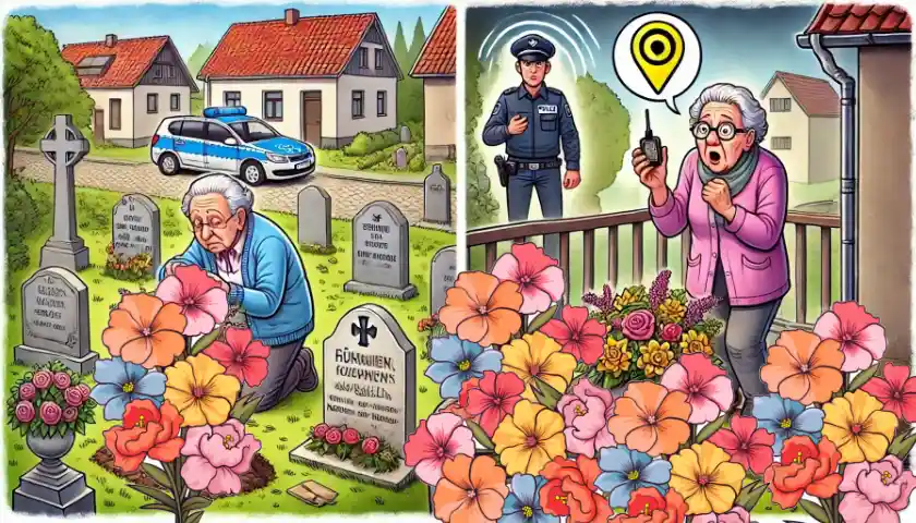 Oma klaut für ihren Balkon Blumen auf dem Friedhof