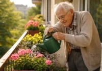 Alter Mann gießt Blumen auf fem Balkon