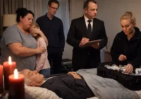 Eine Familie steht am Bett eines Verstorbenen