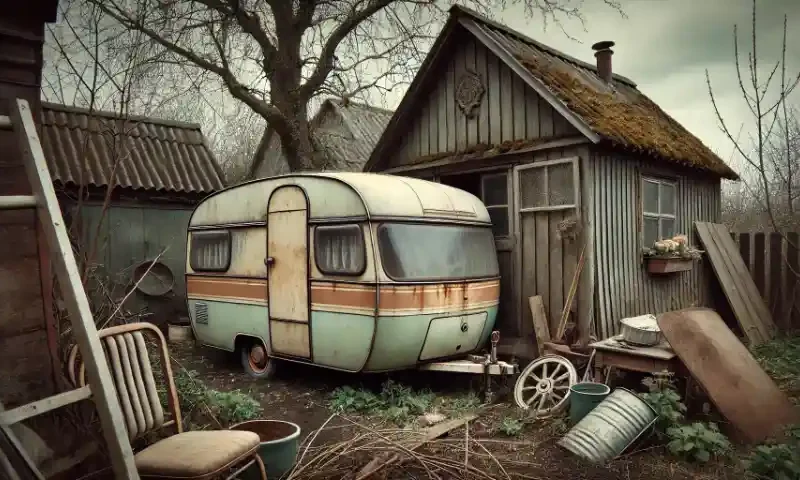 Ein heruntergekommener, kleiner Wohnwagen vor einer windschiefen Gartenlaube.